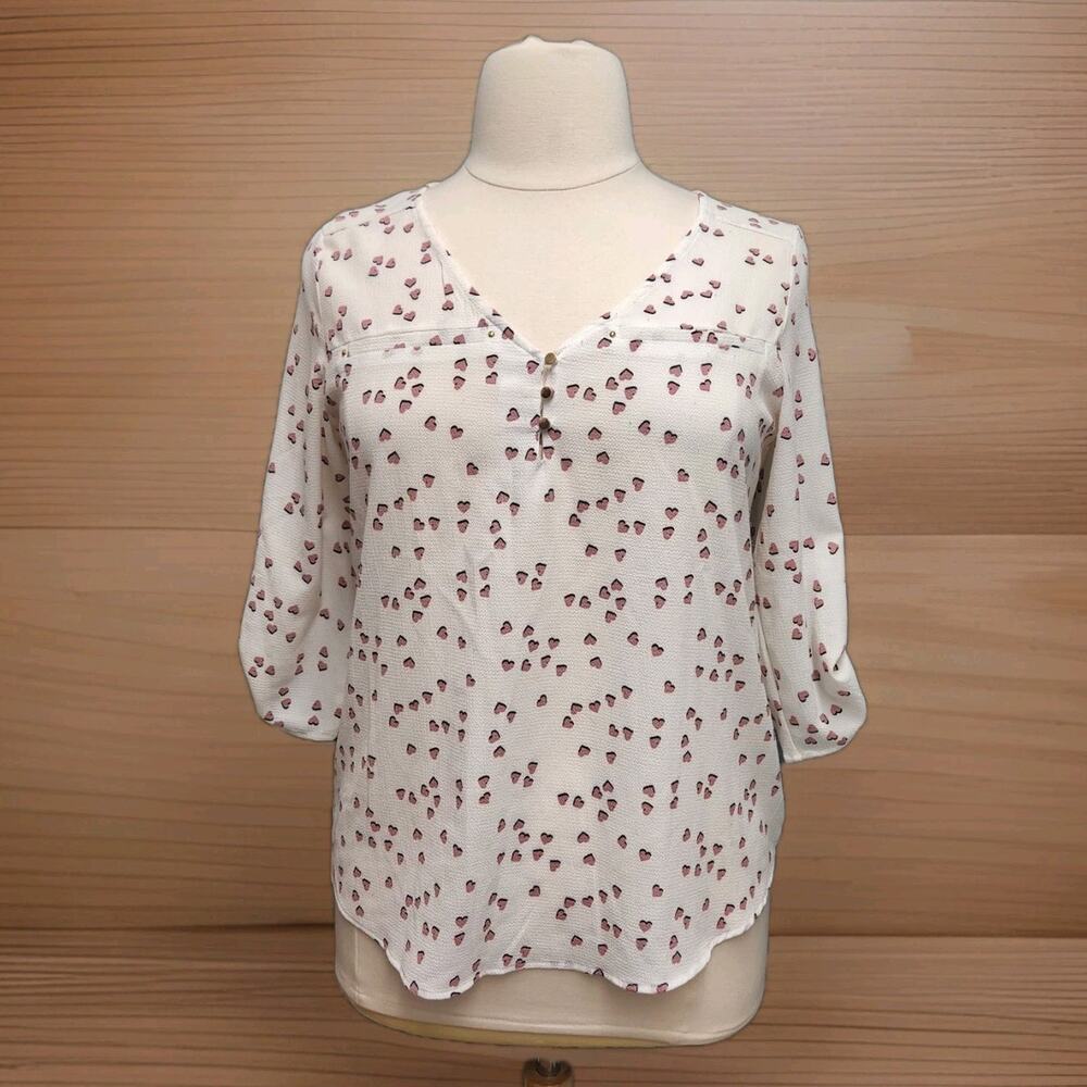Janet Chung Heart Print Popover Top XL Round Hem White Pink 3/4 Sleeve